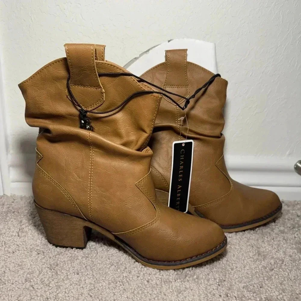 Charles Albert Womens Modern Western Cowboy Distressed Pull Up Tabs Boot Size 7